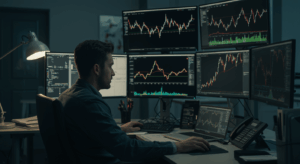 Trader mit vielen Bildschirmen